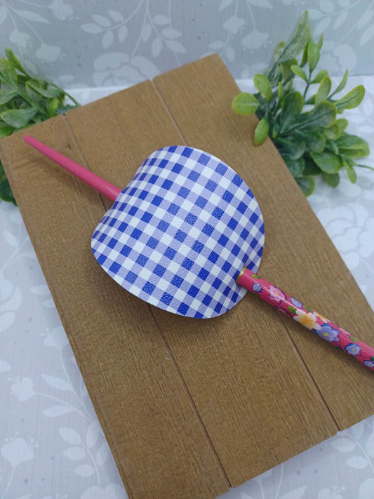 Blue & White Plaid Ponytail Accessory w/ Pink Floral Hair Stick