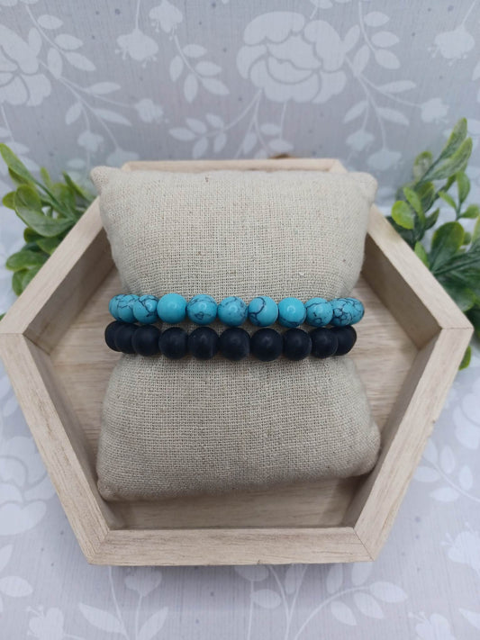 Turquoise & Black Crackle Stone Beaded Bracelet Set