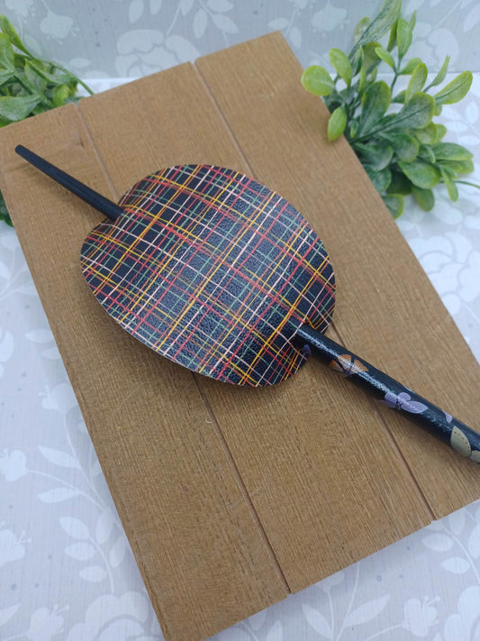 Red, Yellow, Green, & Brown Patterned Ponytail Accessory w/ Brown Hair Stick