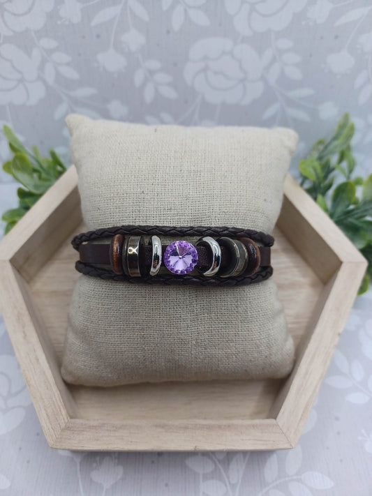 Brown Leather Braided Bracelet w/ Purple, Black, and Tan Colored Beading