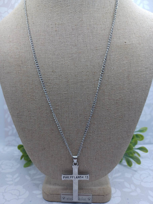 Silver Cross Necklace - I can Do all Things through Christ Who Strengthens Me