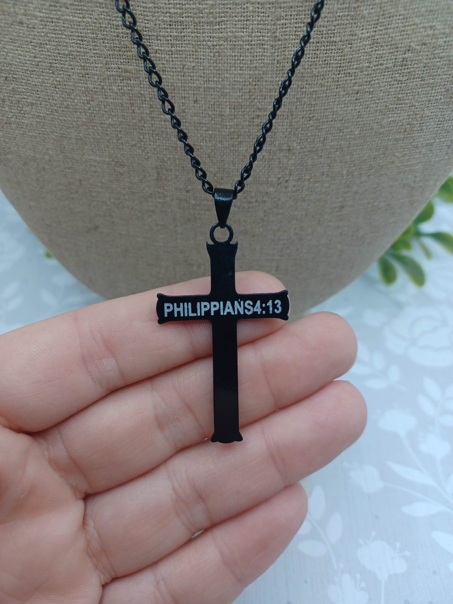Black Cross Necklace - I can Do all Things through Christ Who Strengthens Me