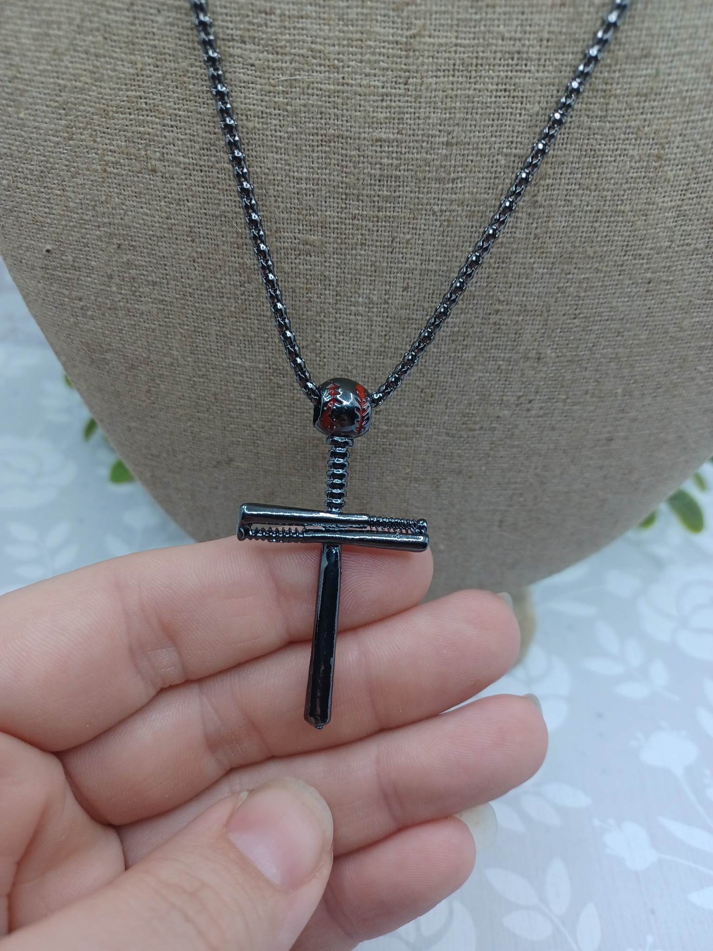Black Cross Baseball Necklace w/ Nail Detail