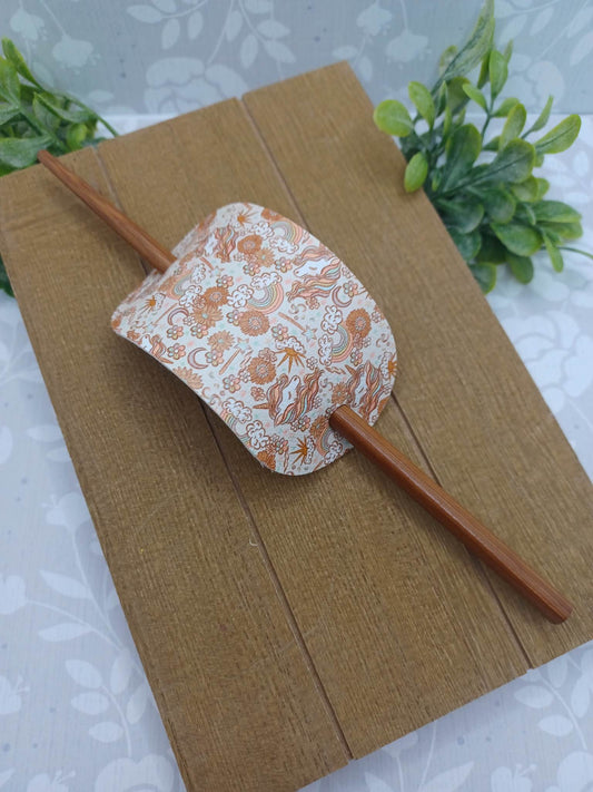Rainbow, Unicorn, & Flower Patterned Ponytail Accessory w/ Brown Hair Stick