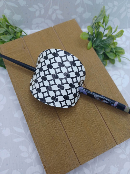 Black & White Patterned Ponytail Accessory w/ Black Floral Hair Stick