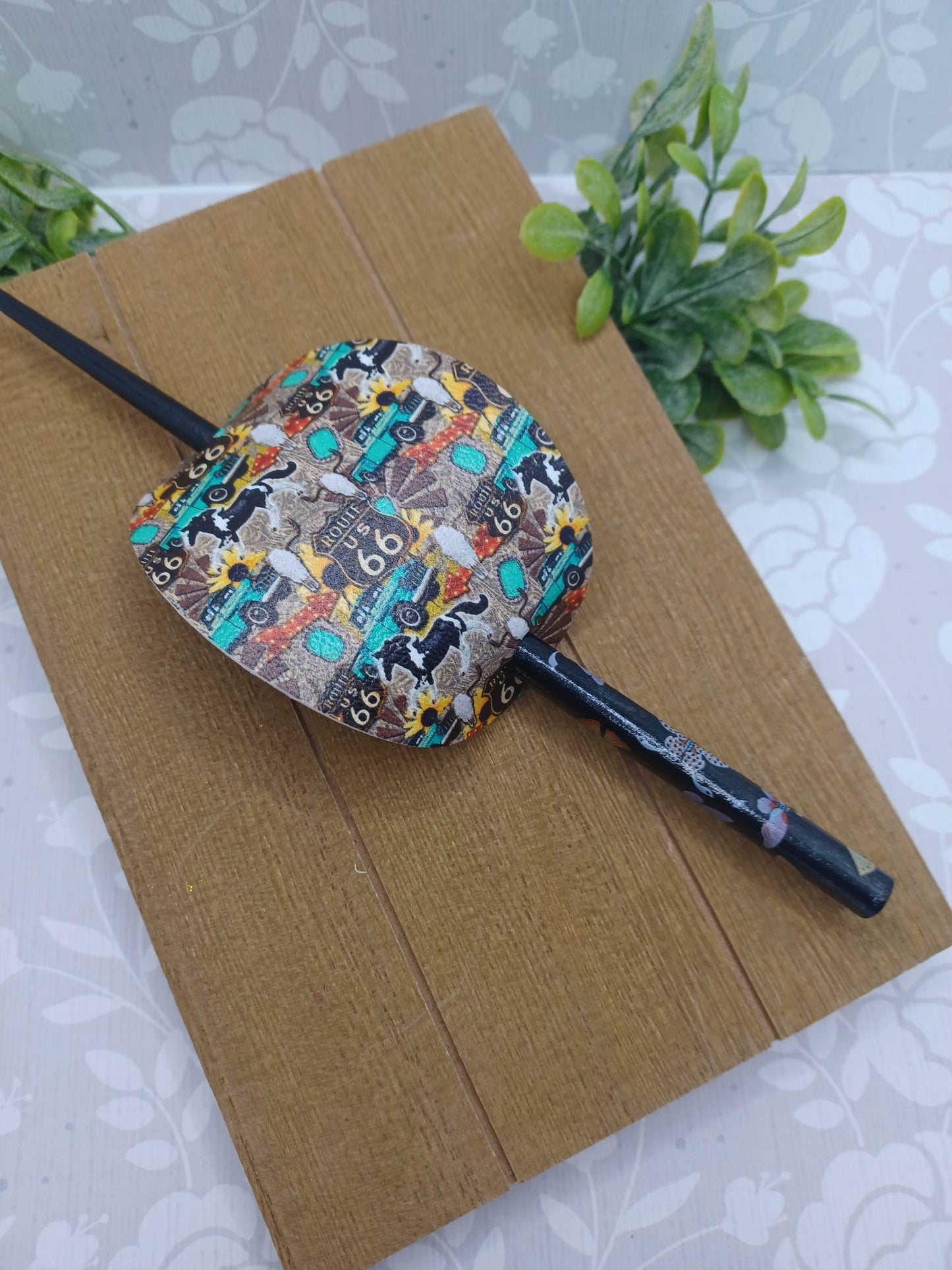 Western Patterned Ponytail Accessory w/ Black Hair Stick