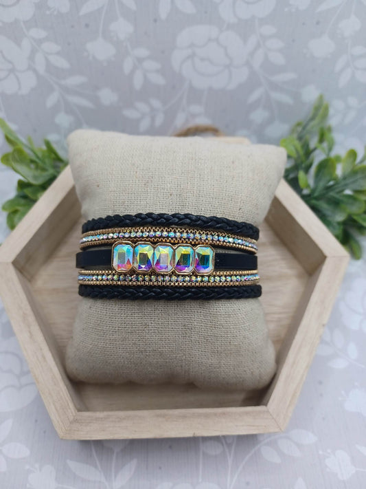 Black Leather Braided Bracelet w/ Mermaid Rhinestone Accents