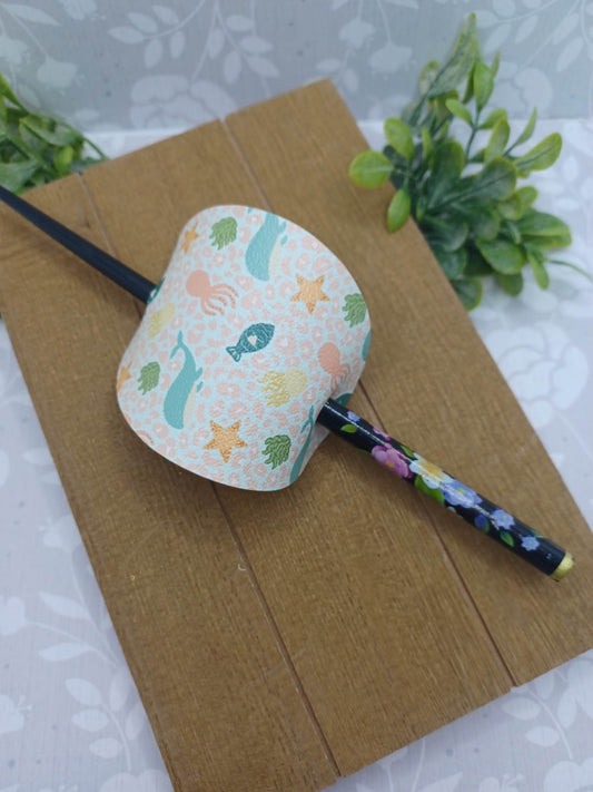 Underwater Creatures Ponytail Accessory w/ Black Floral Hair Stick