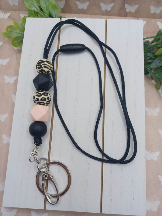 Beaded Lanyard w/ Peach, Black, & Leopard Beads