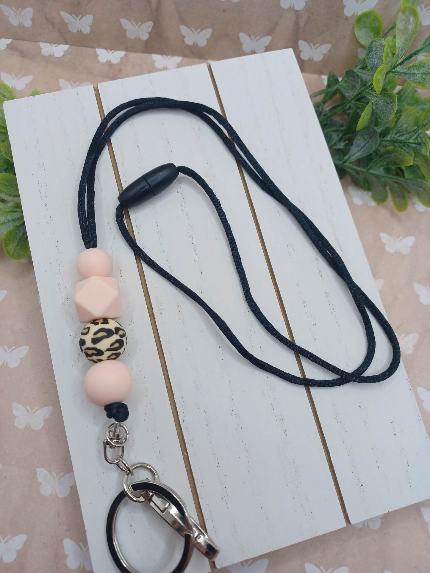 Beaded Lanyard w/ Peach & Leopard Beads