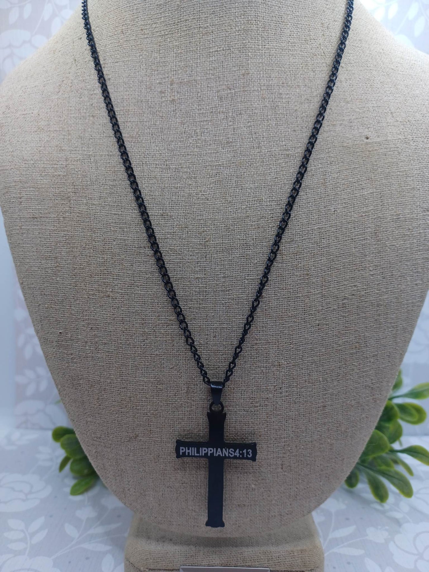 Black Cross Necklace - I can Do all Things through Christ Who Strengthens Me