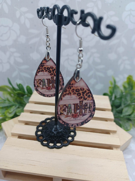 Wooden "Faith" Teardrop Earrings
