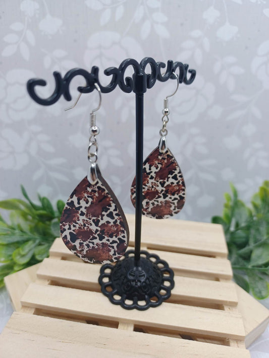 Wooden Cow Print Teardrop Earrings