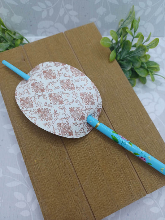 White & Brown Patterned Ponytail Accessory w/ Blue Floral Hair Stick