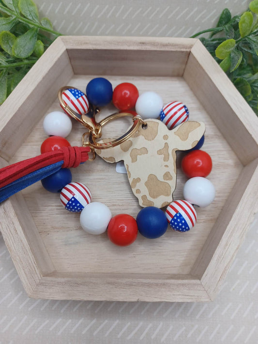 Red, White, Blue, & American Flag Beaded Wristlet w/ Tassel & Wooden Cow