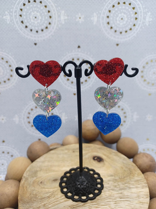 Red, White, & Blue Glitter Heart Earrings