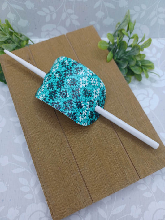 Turquoise Patterned Ponytail Accessory w/ White Hair Stick