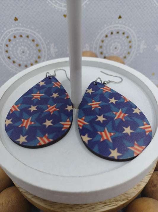 Wooden Red, White, & Blue Earrings w/ Stars