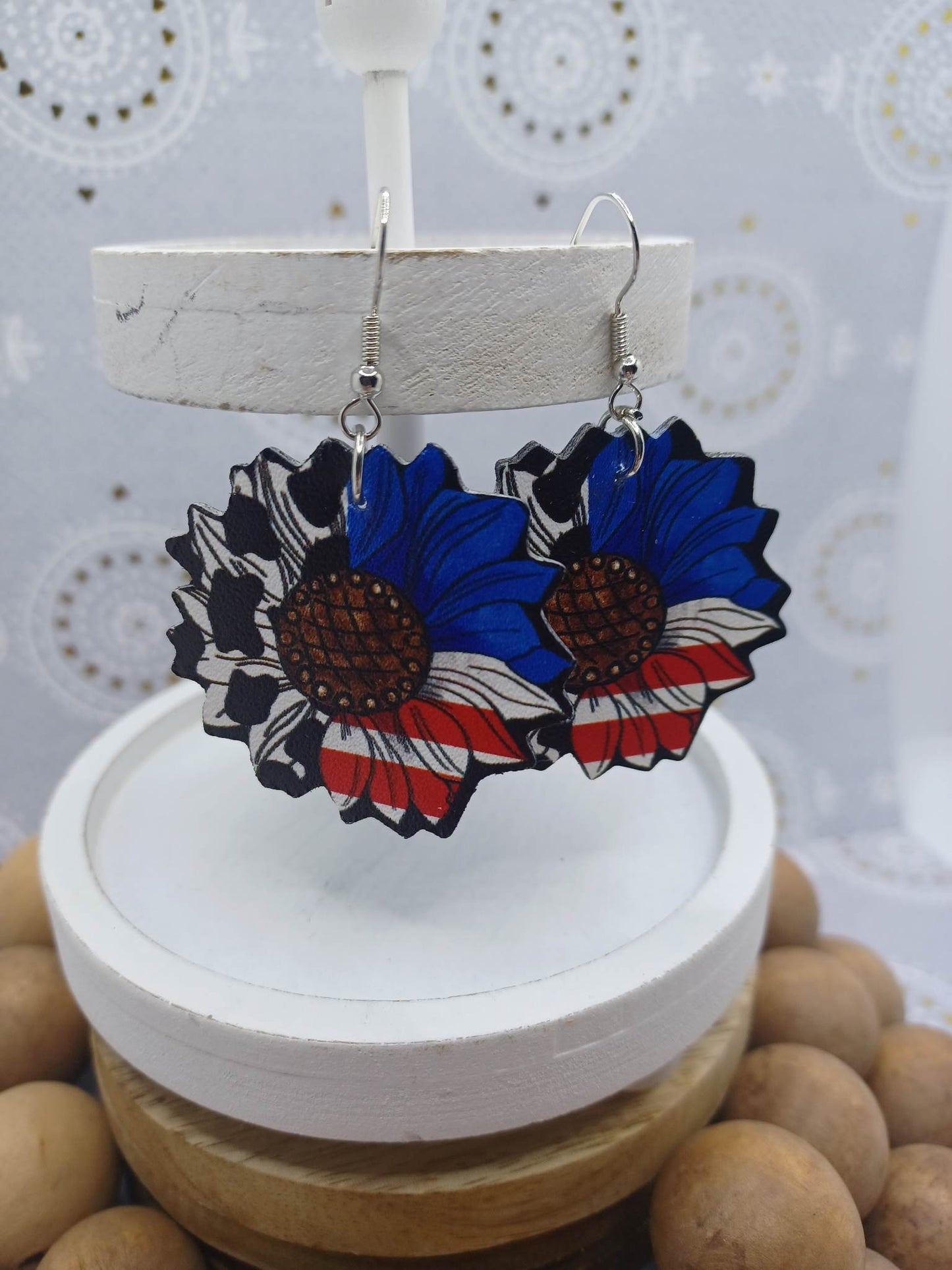 Red, White, Blue Sunflower Earrings w/ Cow Print