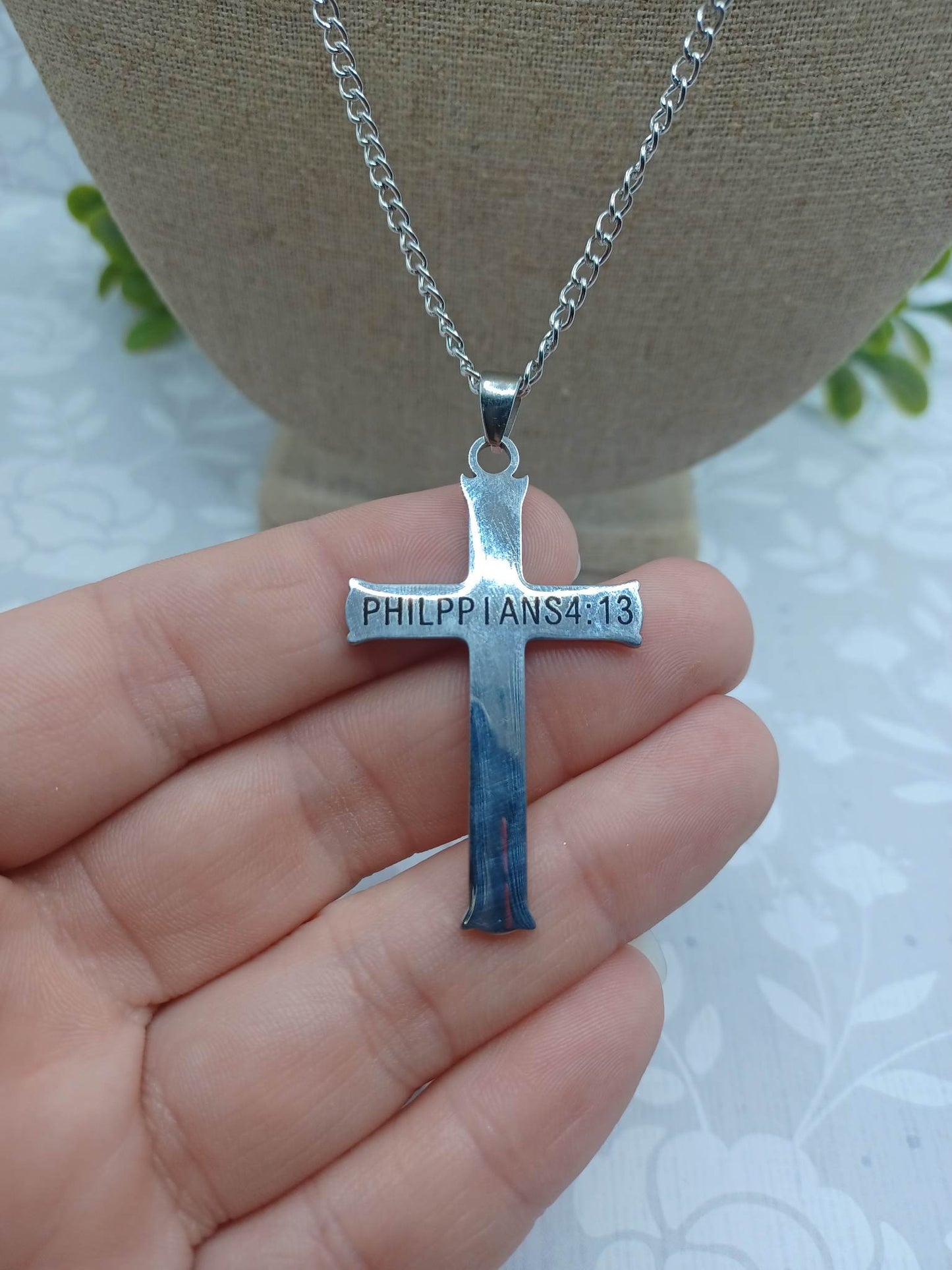 Silver Cross Necklace - I can Do all Things through Christ Who Strengthens Me