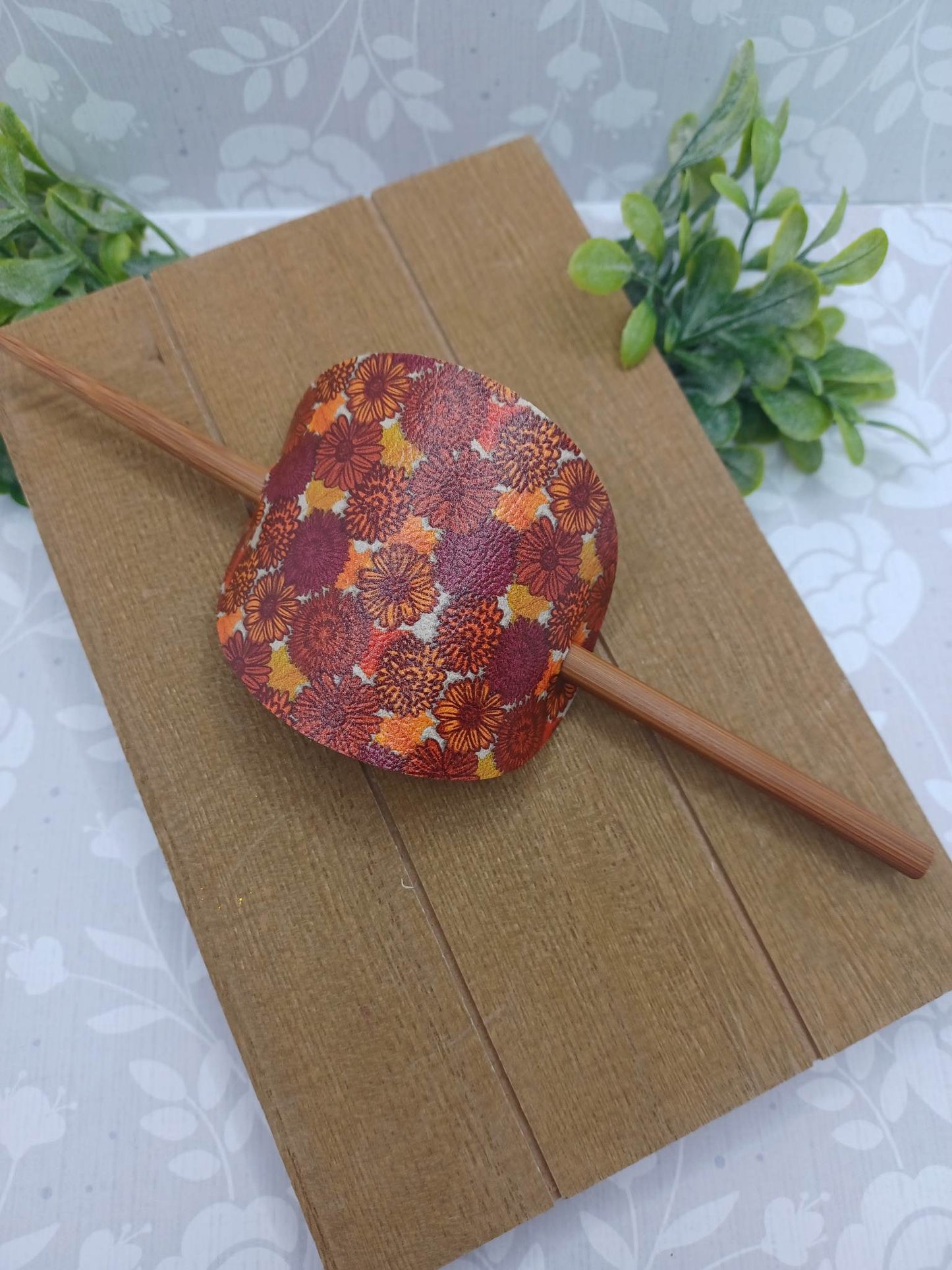 Flower Patterned Ponytail Accessory w/ Brown Hair Stick