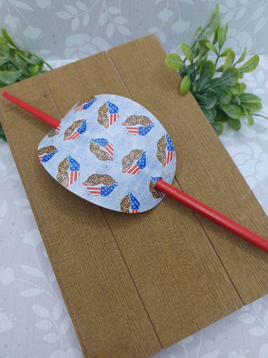 American Flag & Leopard Lips Ponytail Accessory w/ Red Hair Stick