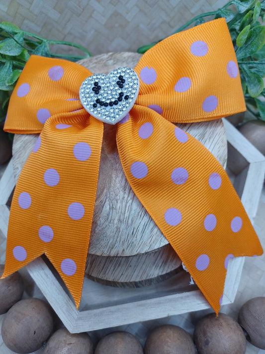 Orange w/ Pink Polka Dot Hair Accessory w/ Rhinestone Heart Accent