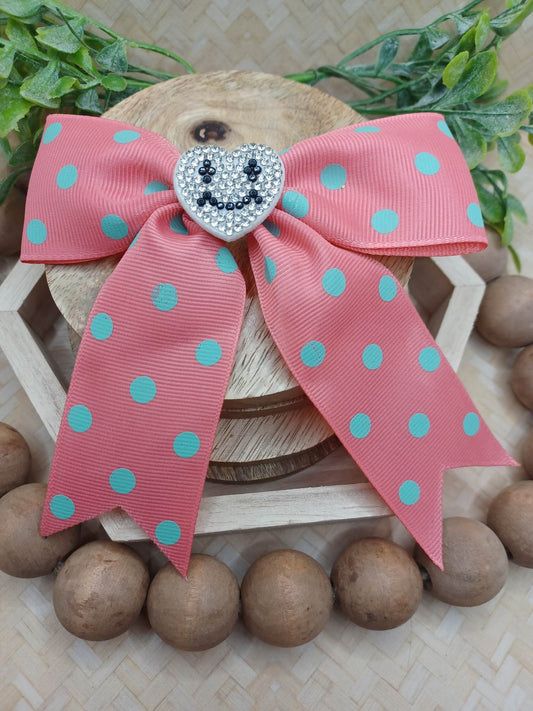 Coral w/ Blue Polka Dot Hair Accessory w/ Rhinestone Heart Accent
