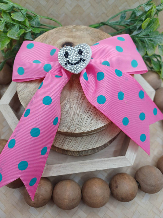 Hot Pink w/ Blue Polka Dot Hair Accessory w/ Rhinestone Heart Accent