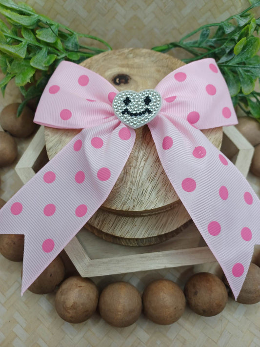 Light Pink w/ Medium Pink Polka Dot Hair Accessory w/ Rhinestone Heart Accent