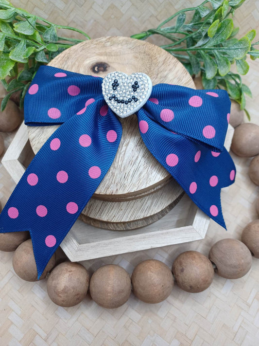 Blue w/ Pink Polka Dot Hair Accessory w/ Rhinestone Heart Accent