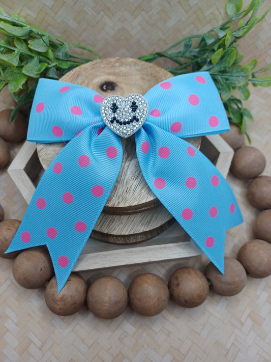 Light Blue w/ Pink Polka Dot Hair Accessory w/ Rhinestone Heart Accent