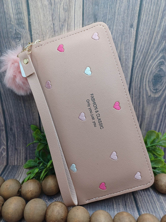 Pink Wallet w/ White & Pink Hearts & Pink Pom