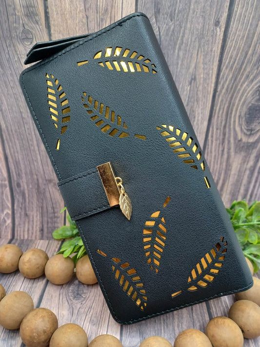 Black Snap Closure Wallet w/ Gold Foil Leaves