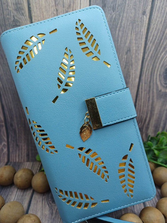 Blue Snap Closure Wallet w/ Gold Foil Leaves