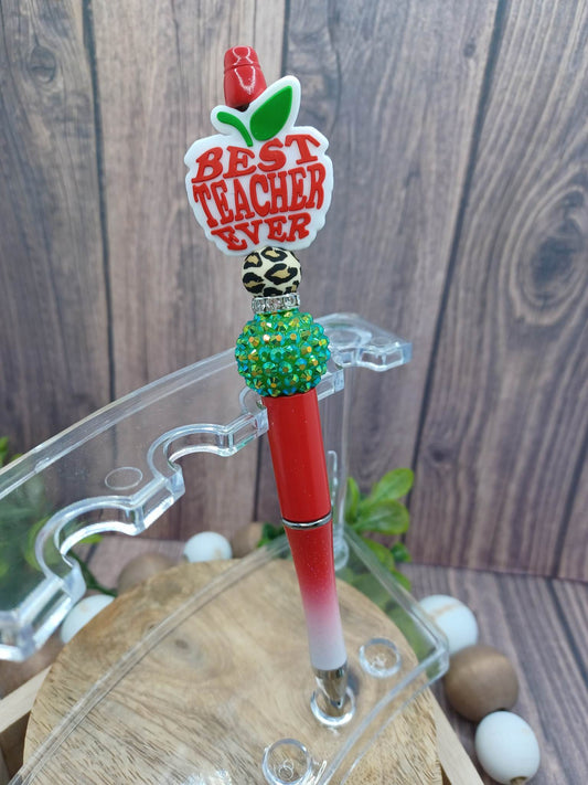 Red & Green Best Teacher Ever Beaded Ink Pen