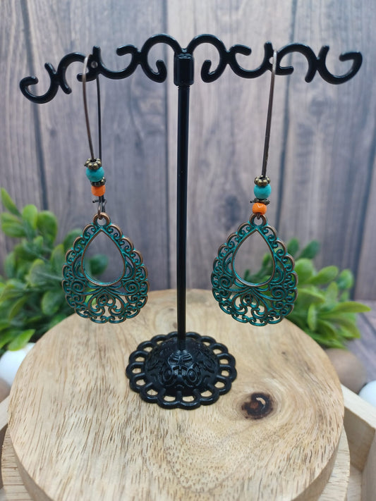 Oxidized Style Teardrop Closed Style Earrings w/ Orange Accent Beading
