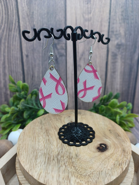 Pink Ribbon Teardrop Shaped Earrings