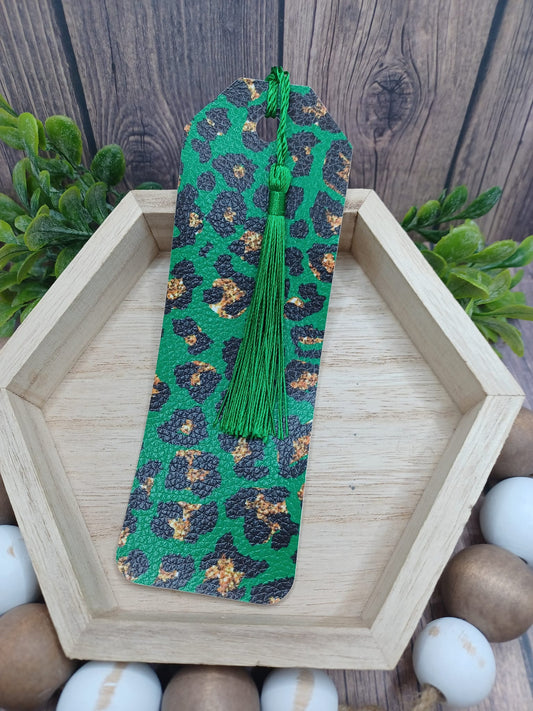 Square Cut Green & Gold Leopard Print Bookmark w/ Tassel