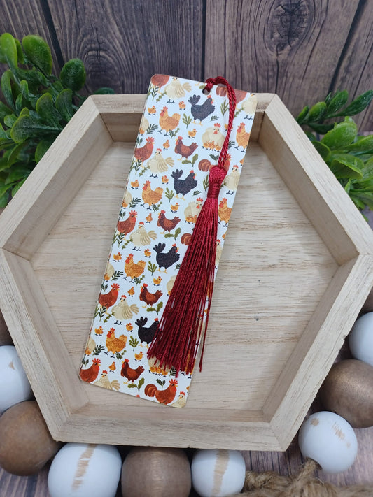 Chicken Patterned Bookmark w/ Red Tassel