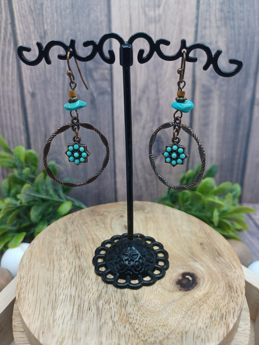 Copper Earrings w/ Turquoise Beading Accents & Flowers