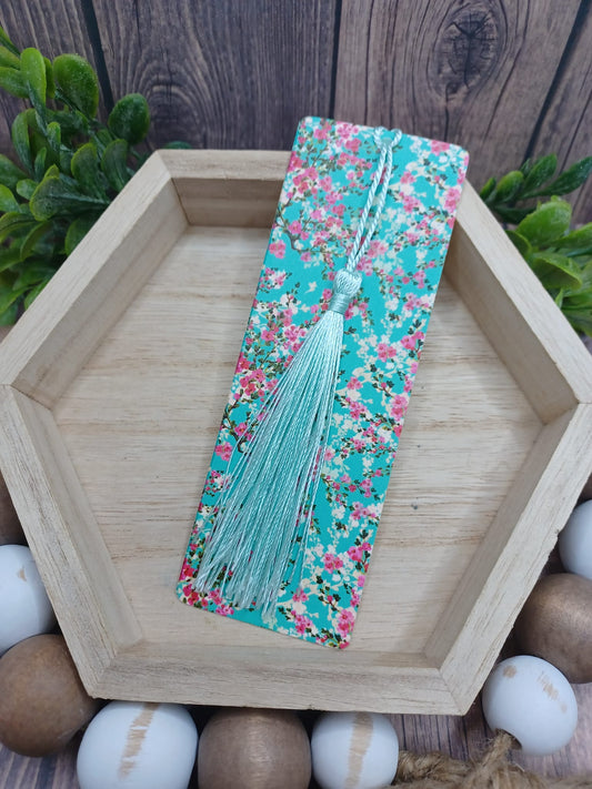 Teal, Pink & White Floral Patterned Bookmark w/ Teal Tassel