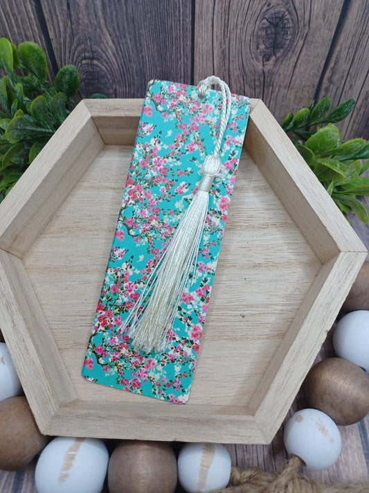 Teal, Pink & White Floral Patterned Bookmark w/ Cream Tassel