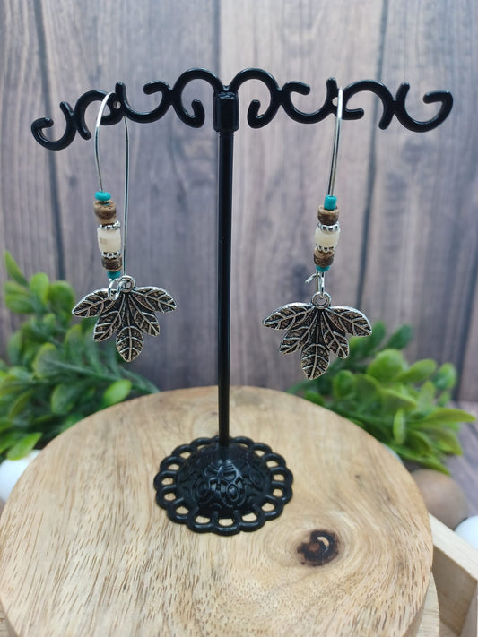 White, Brown, & Turquoise Beaded Earrings w/ Leaves
