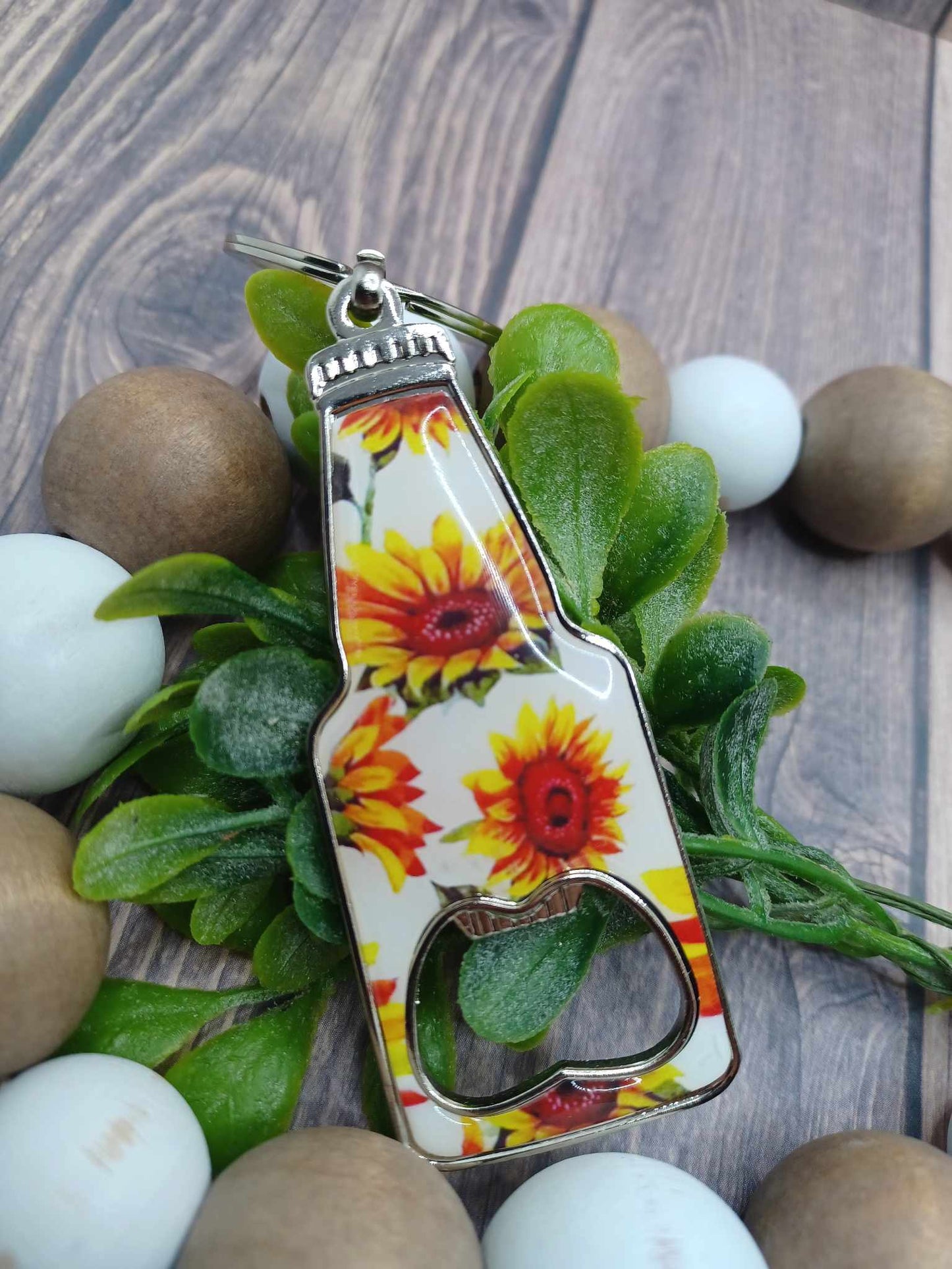 Sunflower Patterned Bottle Opener Keychain w/ White Backround - Flowy