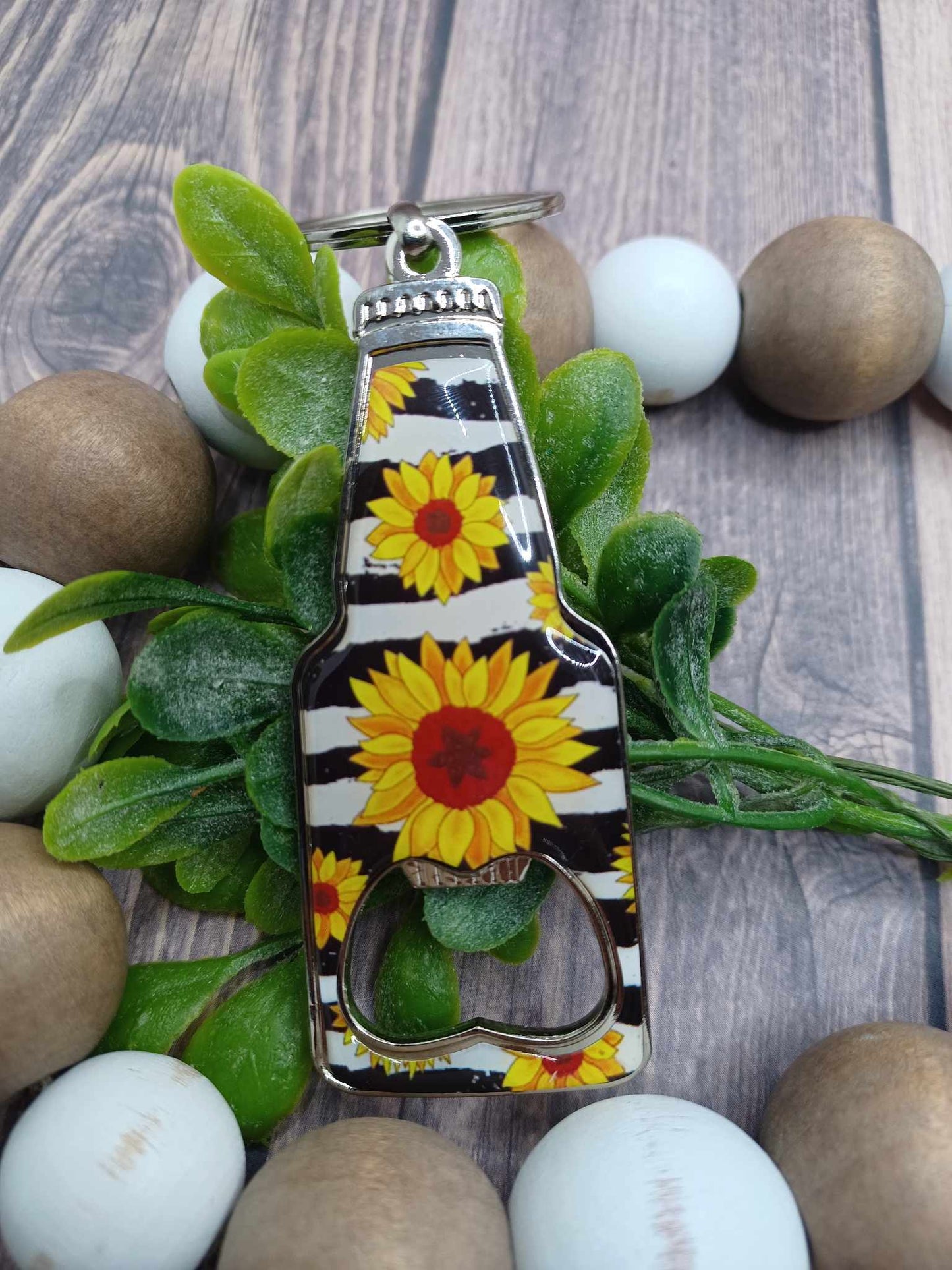 Sunflower Patterned Bottle Opener Keychain w/ Striped Backround