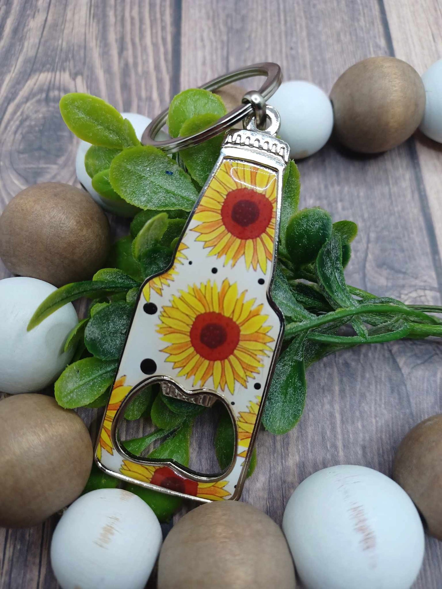Sunflower Patterned Bottle Opener Keychain w/ White Backround - Polka Dot