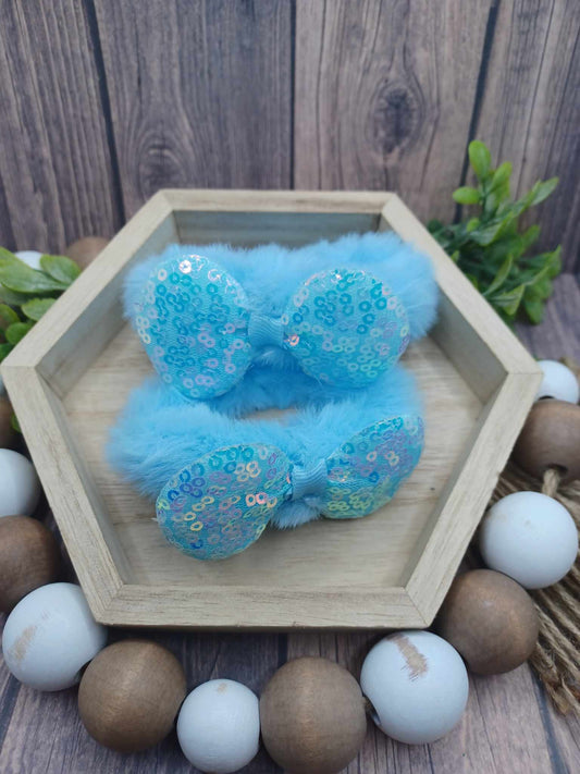 Blue Fuzzy Glitter Bow Scrunchie Set