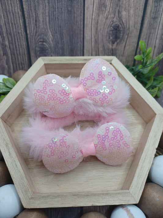 Light Pink Fuzzy Glitter Bow Scrunchie Set