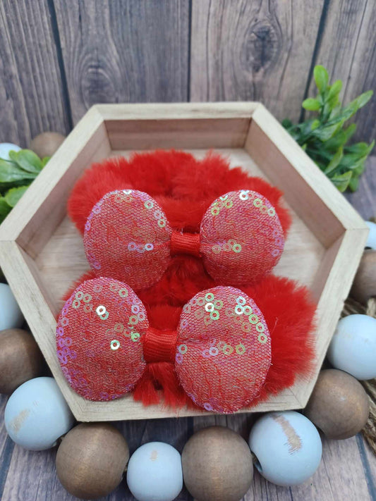 Red Fuzzy Glitter Bow Scrunchie Set
